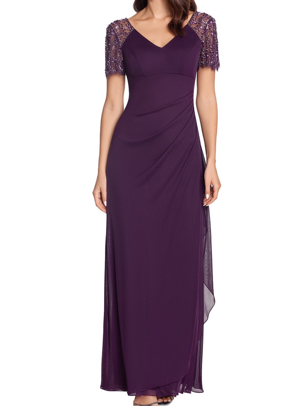 Xscape Beaded Sleeve V-Neck Maxi Dress in Deep Purple